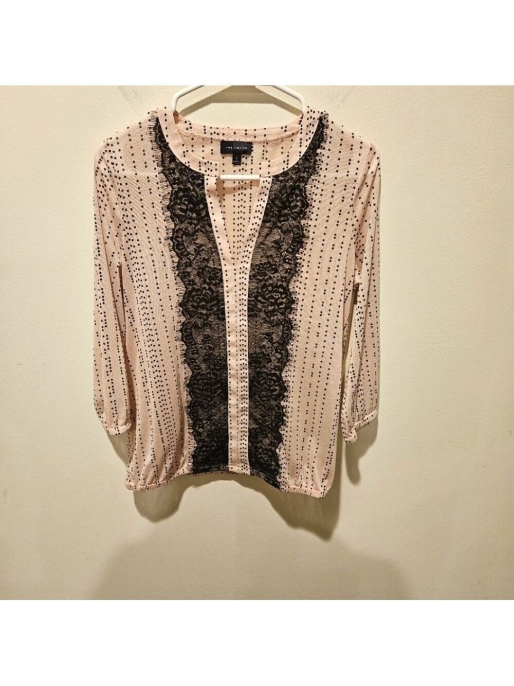 THE LIMITED PINK BLOUSE WITH BLACK POLKA DOTS & LACE DETAIL SIZE SMALL